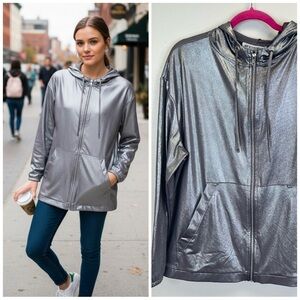 Coachella Metallic Gray Hooded Bomber Jacket XL 2X Futuristic Festival Pockets